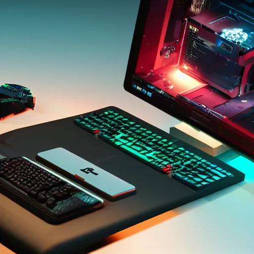 Image similar to gaming setup from future, cyberpunk style, product photo, octane render, ray tracing, unreal render, ultra detail, no noise, isometric, full view