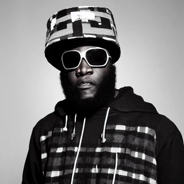 Image similar to a close-up black-and-white studio portrait of MF Doom wearing a plaid ushanka hat