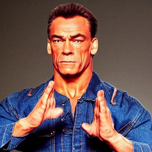 Image similar to jean-claude van Damme saluting by putting the tip of his foot against is head