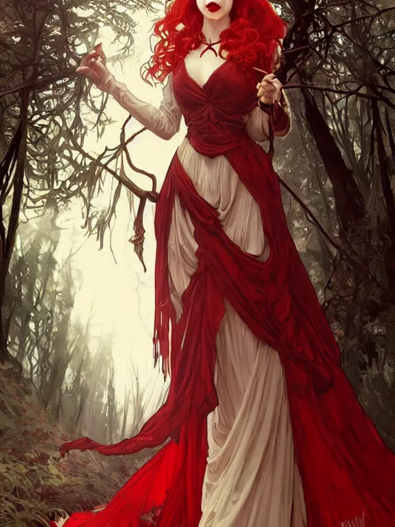 Prompt: full body portrait of an evil female pyromancer in the woods, elegant victorian dress, very detailed face, white skin, red hair, red lipstick, blue eyes, fire everywhere, high fantasy, dnd, highly detailed, digital illustration, by artgerm, greg rutkowski, alphonse mucha, monochromatic red