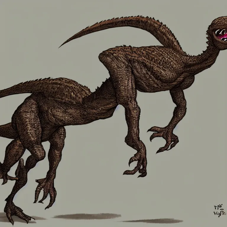 Image similar to a velociraptor jumping on a d & d barabrian
