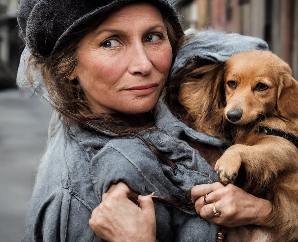 Image similar to closeup portrait of beautiful woman carrying a dog, smoky new york back street, by annie leibovitz and steve mccurry, natural light, detailed face, canon eos c 3 0 0, ƒ 1. 8, 3 5 mm, 8 k, medium - format print