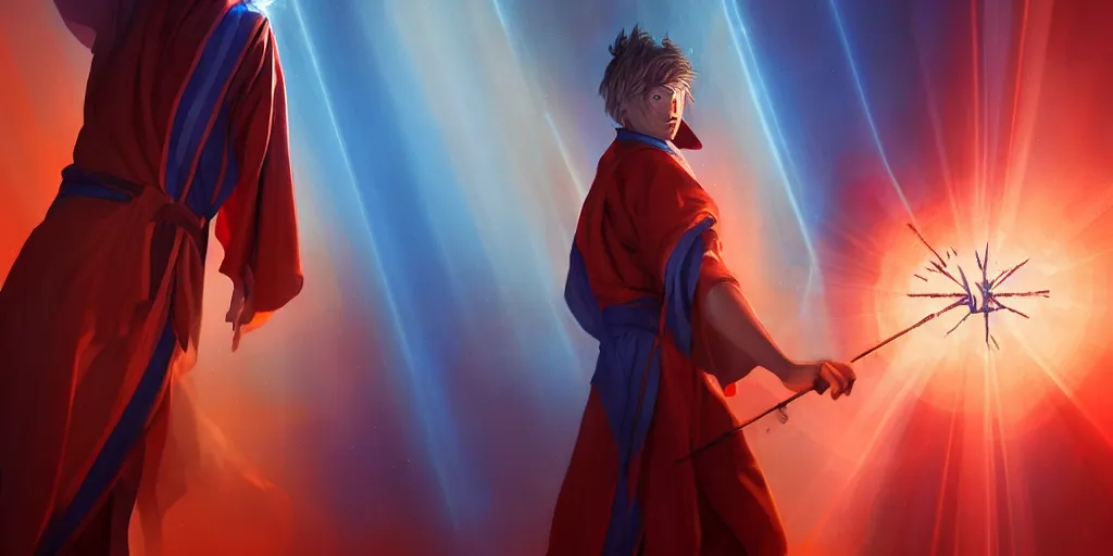 Image similar to a young caucasian male mage with a brown robe, he is casting a spell with blue and red colors. light rays, medium shot, waist up, sharp focus, bloom, dramatic lighting, very detailed, animation still by jason chan, john j. park, maciej kuciara and dan luvisi style