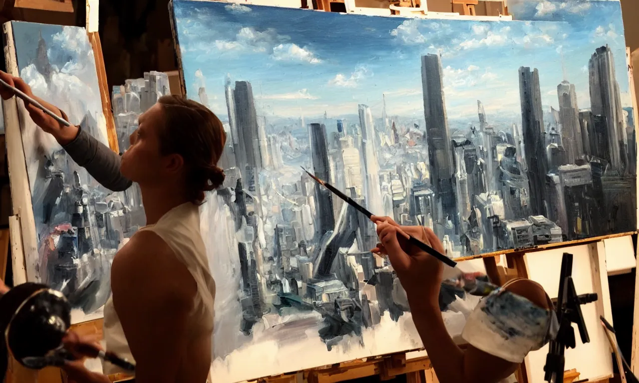 Image similar to the android carefully painting an oil painting in their natural - lit studio overlooking the city. photorealistic. intricate details. 3 5 mm photograph. dramatic lighting. action shot. absolute focus. masterpiece.