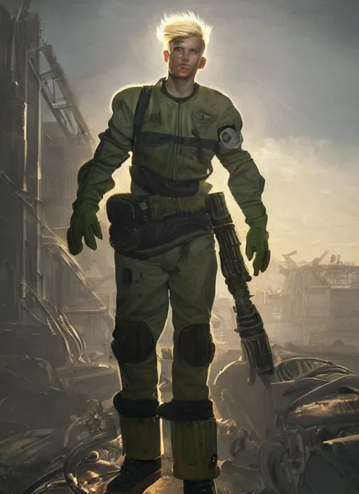 Image similar to portrait of a young man with blond hair with green house equipment from fallout 4, art by ryo shiotani and greg rutkowski, intricate, beautiful, cinematic lighting