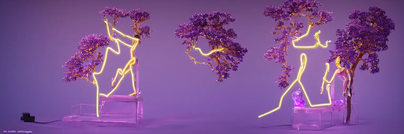 Image similar to beautiful mannequin sculpted out of amethyst by billelis + lit with geometric neon dripping gold + kintsugi, facing a doorway opening with neon pink geometric fractal light + flowering bonsai trees + lighting in background!!, clean linework, dramatic, finely detailed, award winning, 4 k, trending on artstation, photorealistic, volumetric lighting, octane render