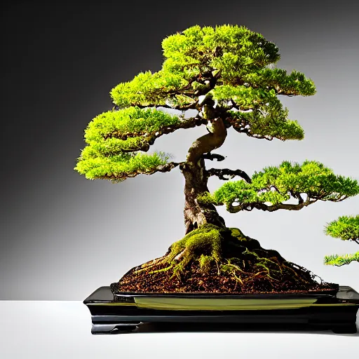 Prompt: bonsai on a elegant ebene table in room with window viewing japanese montains from hill, anatomic description, gems, gold, 8 k, details, studio lighting, realism, complex lights