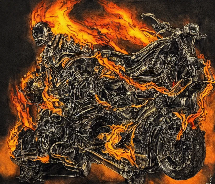 Image similar to watercolor, pen and ink, the ghost rider on his flaming motorcycle chopper designed by Giger, epic, ominous, chiaroscuro, dark saturated colors, terrifying sci-fi horror masterpiece, full body portrait, black background, by Giger