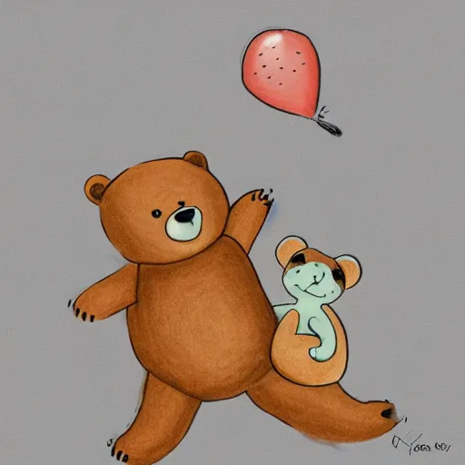 Prompt: drawing of a bear playing with a doll. digital art.