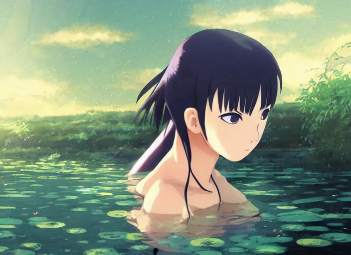 Prompt: portrait of hinata hyuga training in a pond at night, rule of thirds, illustration concept art anime key visual, trending pixiv fanbox by wlop and greg rutkowski and makoto shinkai and studio ghibli and kyoto animation