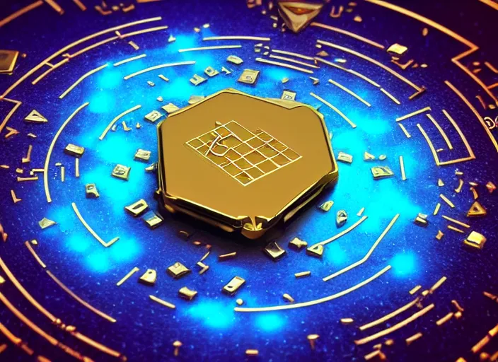 Image similar to flat square magic golden computer chip with runes and a glowing blue crystal in the center, mana flowing around it, flat and dark background, product photo, macro, dynamic composition, hyperrealism, octane render, trending on artstation, unreal engine 5, 4 k, 8 k