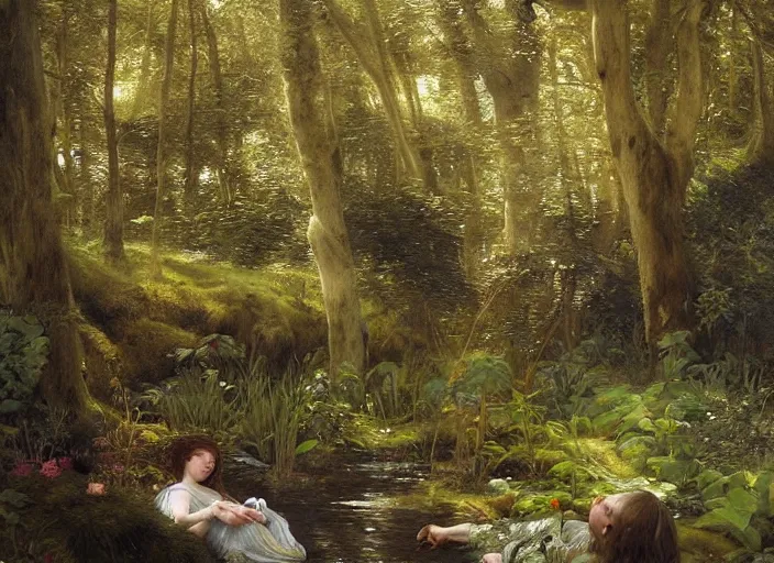 Prompt: airy forest glade ( wide and clear ). dream - like atmosphere ( time seems to dawdle ). cheery stream ( runs through glade, bubbling over rocks ).. edgar maxence and caravaggio and michael whelan and delacroix style, artistic, intricate painting, cinematic lighting, hyper realistic, extremely detailed, vivid colors, establishing shot, dramatic lighting