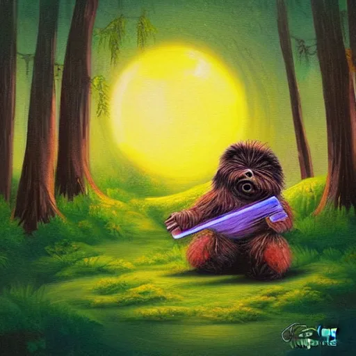 Prompt: a cute ewok painting a picture of the sunset in the forest, digital art, colourful