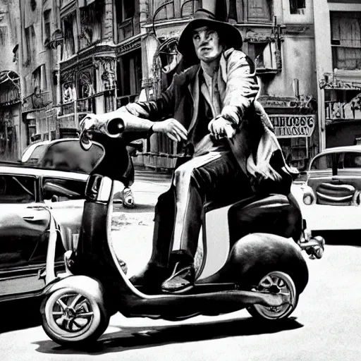 Image similar to a photo by ted nasmith and hans zatzka and quentin tarantino, a y 2 k aesthtic hip scooter messenger driving through a crowded city street