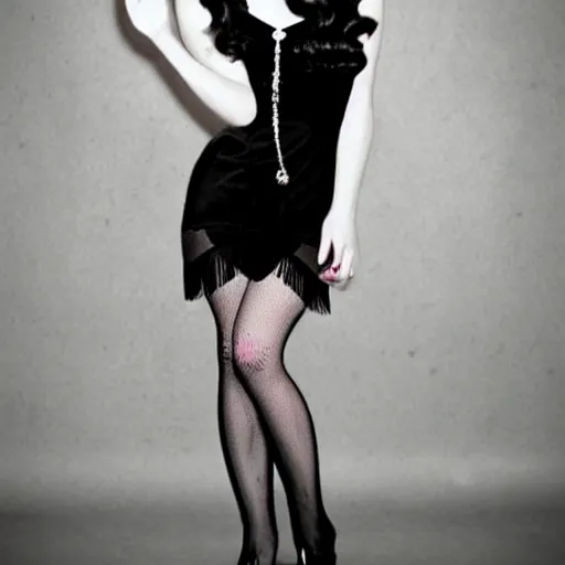 Image similar to young woman, morticia addams, long black hair, short, flapper, vintage, creepy, beautiful, macabre