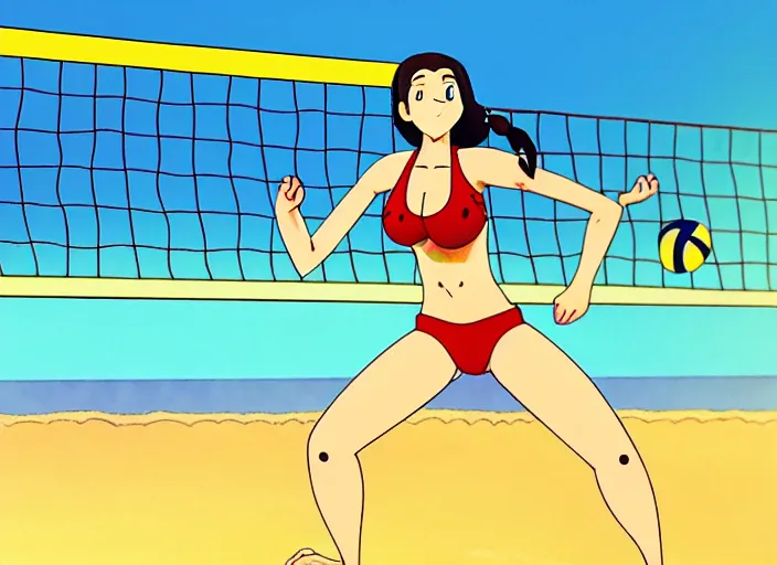 Image similar to an animation still of beautiful bikini volleyball player, in the style of studio ghibli, netflix animation, toei animation, filmation animation, traditional animation, sharp detail, animation cel