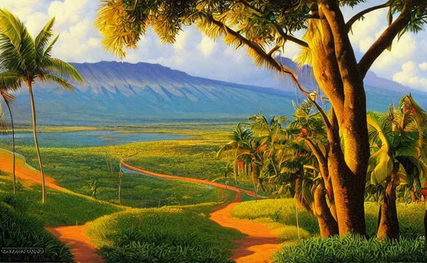 Prompt: a beautiful landscape of Reunion Island painting by Greg Hildebrandt,trending on artstation