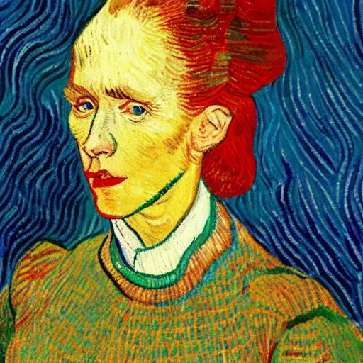Prompt: a portrait of beatrix in a turtle neck sweater, in the style of vincent van gogh, artistic, colorful, vibrant, art, high fashion