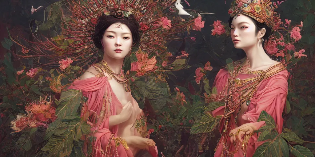 Image similar to breathtaking detailed concept art painting of the goddess of flamingo, orthodox saint, with anxious, piercing eyes, ornate background, amalgamation of leaves and flowers, by Hsiao-Ron Cheng and John James Audubon, extremely moody lighting, 8K