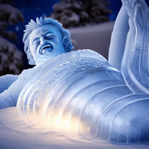 Prompt: long shot of an ice statue of a dwarf peacefully sleeping on his bed, stunning digital art high detail 4k octane