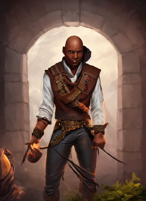 Prompt: An epic fantasy comic book style portrait painting of a young dark skinned thief with broad shoulders and a bald head in a vest in the style of the wheel of time in the style of the wheel of time, unreal 5, DAZ, hyperrealistic, octane render, cosplay, RPG portrait, dynamic lighting