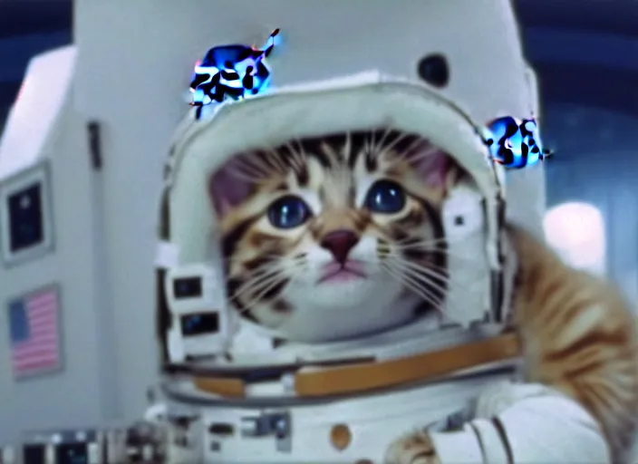 Prompt: film still of a kitten working for mission control at nasa, 8 k