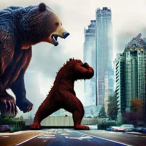 Prompt: ! dream a giant angry bear vs. godzilla in the city, photomanipulation, photoshop, digital art