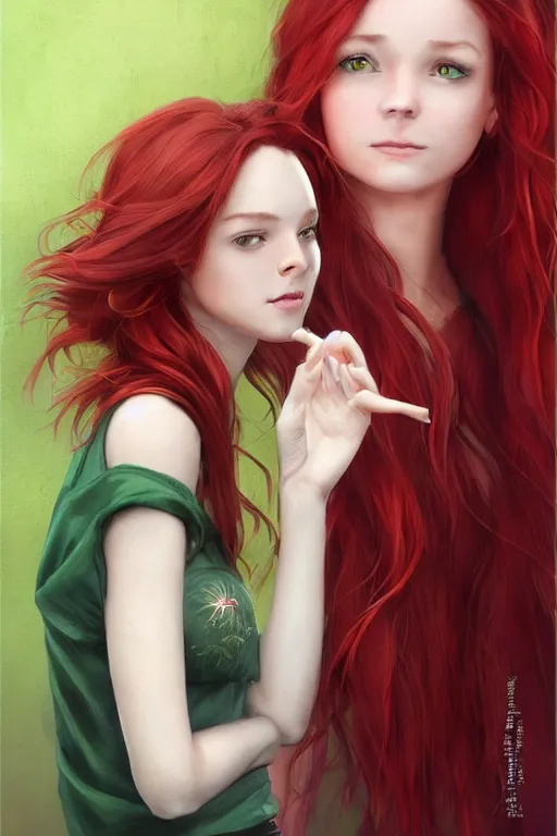 Prompt: beautiful cute red haired joyful and playful 1 9 year old maiden standing up in casual green clothing, long hair, modern city, rpg character, sci - fi, fantasy, intricate, elegant, digital painting, artstation, concept art, smooth, 8 k frostbite 3 engine, ultra detailed, art by artgerm and greg rutkowski and magali villeneuve