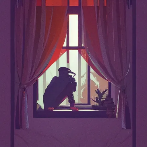 Image similar to poster artwork by Michael Whelan and Tomer Hanuka, Karol Bak of the last alchemist looks out his window at the stars, from scene from Twin Peaks, clean, simple illustration, nostalgic, domestic, full of details