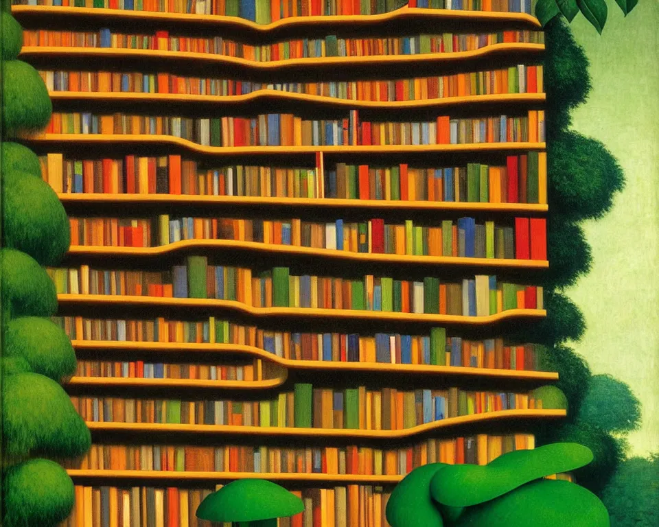 Prompt: a bookshelf in the rainforest by raphael, hopper, and rene magritte. hyperdetailed, proportional, romantic, enchanting, achingly beautiful, graphic print, trending on artstation.