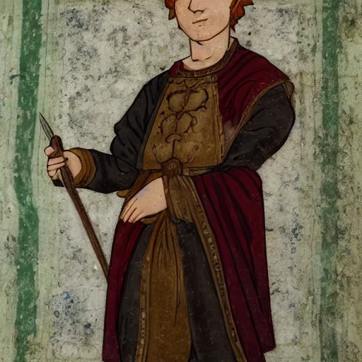 Image similar to clean shaven 1 9 year old young man with auburn hair and lots of freckles, regal hero of byzantium, illuminated manuscript, 2 d, good, moody lighting, medieval parchment, elegant, ornate