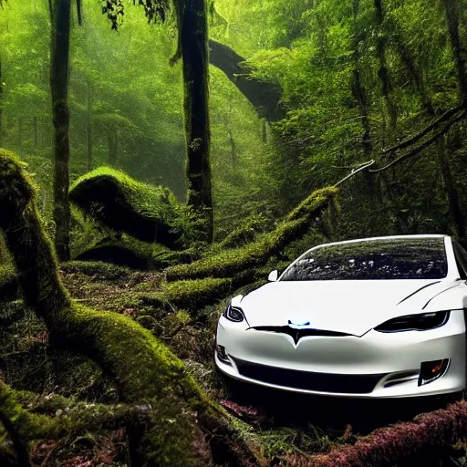 Prompt: A cinematographic 30mm shot of crashed white tesla cars resembling skeletons of whales outgrown by moss, vines and ferns, submerged in a lush and dense forest, dusk light filtering from the trees below. The scene is apocalyptic, eerie but serene, volumetric, 8k, high resolution