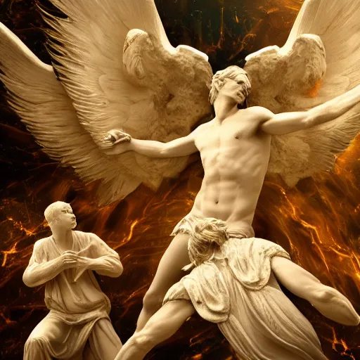 Image similar to a male angel falling from heaven surrounded by angels and demons fighting in the background asymmetrical, cinematic composition, 8k resolution, sculpture marble high contrast, shiny and reflective marble texture, soft lighting in the style of Grzegorz Domaradzki, dof, blur