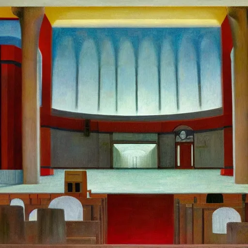 Prompt: hydroelectric dam interior, turbines, grant wood, pj crook, edward hopper, oil on canvas