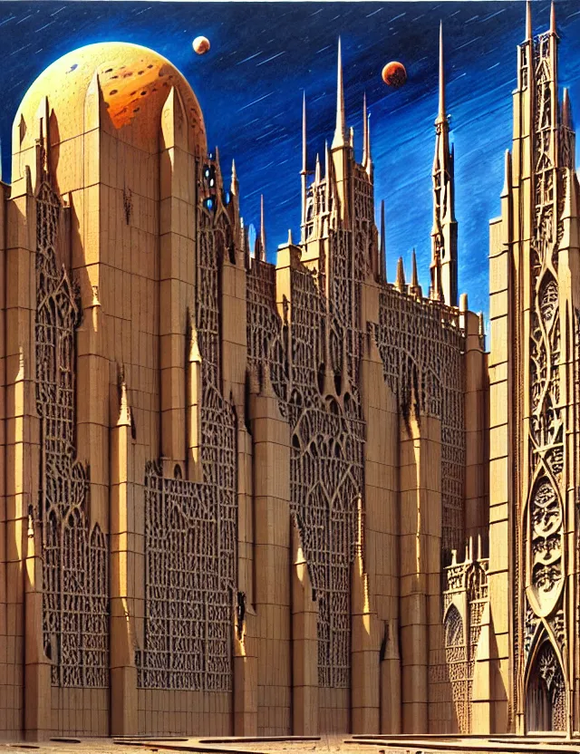 Image similar to close shot of a giant immense squared crematorium gothic architecture advanced technology scifi architectural structure desert planet, fantasy, d & d, intricate, painting by lucian freud and mark brooks, bruce pennington,