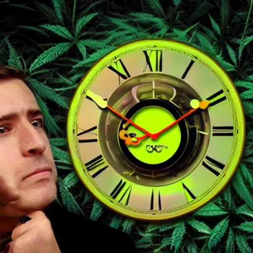 Image similar to a clock smoking weed and looking stoned