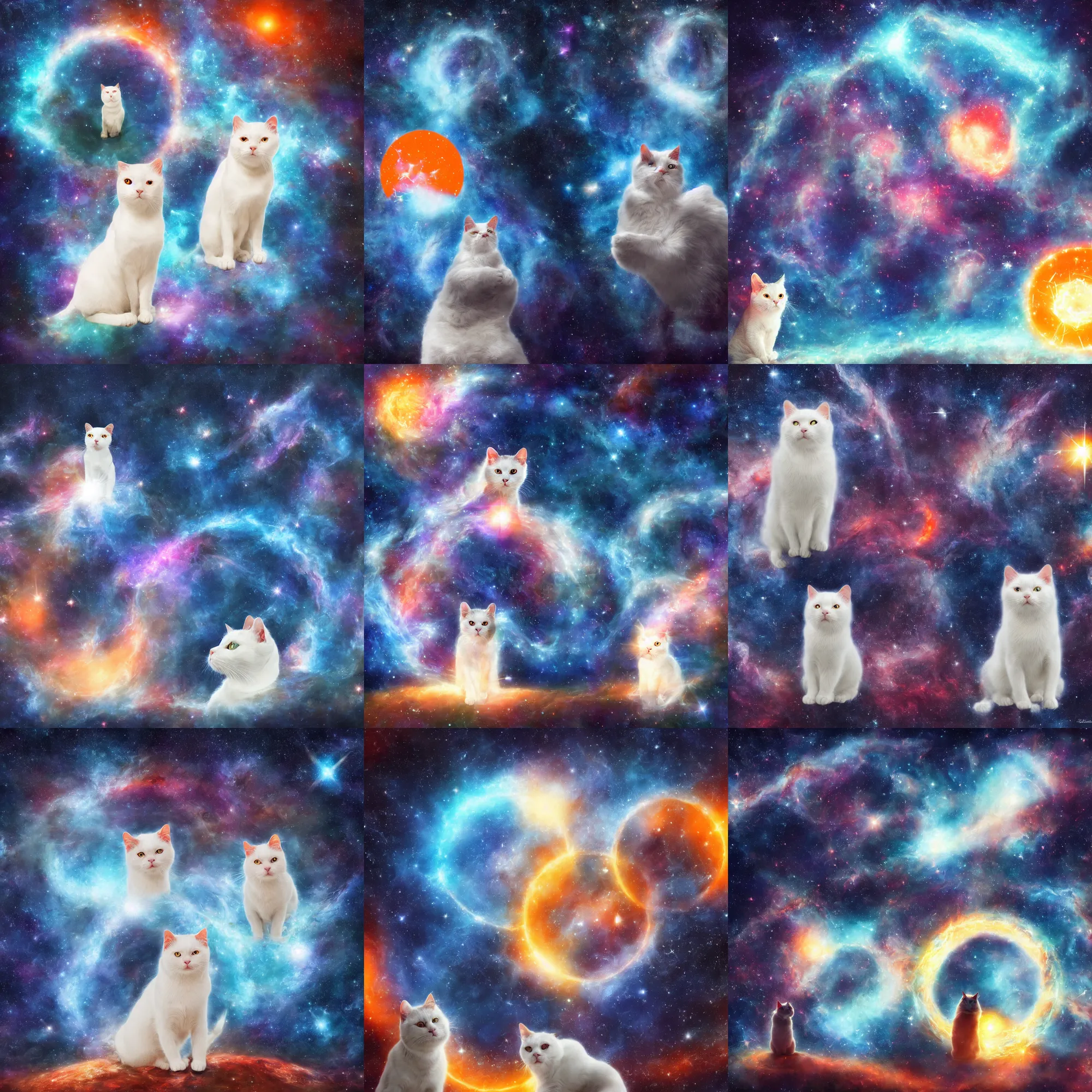 Prompt: a picture of a serious white cat with orange eyes, peeking through an interdimensional portal. a beautiful starry nebula can be seen in the portal. white background, close up profile picture. an ultrafine detailed painting, award winning digital art, chromatic, 4 k, very detailed