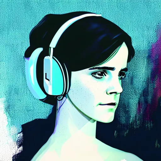 Image similar to synthwave emma watson wearing headphones, animated, trending on artstation, portrait