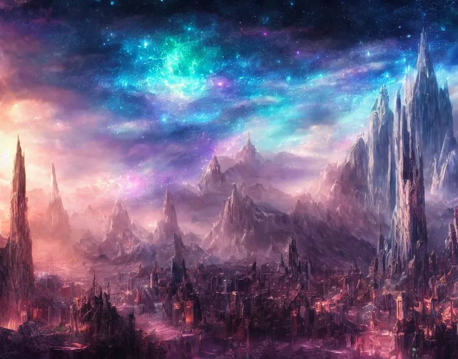 Image similar to city with crystals, fantasy artwork, very beautiful scenery, sky is made up of cosmic stars, hd, hdr, ue 5, ue 6, unreal engine 5, cinematic 4 k wallpaper, 8 k, ultra detailed, by popular digital, details, beautiful image ever created, high resolution, artstation, award winning