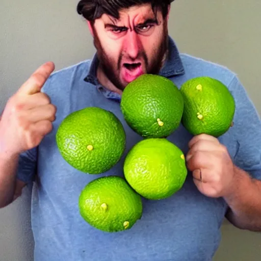 Image similar to guy who is holding too many limes with a very angry face