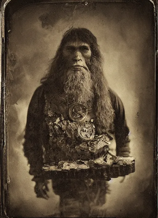 Prompt: old wetplate daguerreotype portrait of neanderthaler, explosion of data fragments, fractal, intricate, elegant, highly detailed, parallax, leica, medium format, subsurface scattering, by jheronimus bosch and greg rutkowski and louis jacques mande daguerre