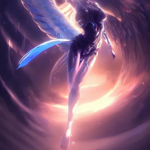 Prompt: beautiful cinematic female cyborg angel falling apart , fantasy magic, short aqua blue black fade hair, dark light night, highly detailed, advanced digital anime art, concept art, wlop rossdraws Sakimimichan