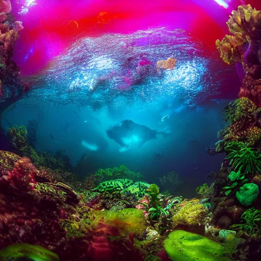 Prompt: dreamlike film photography of a rainforest undergrowth at night underwater in front of colourful underwater clouds by Kim Keever. In the foreground floats a seasnake. low shutter speed, 35mm