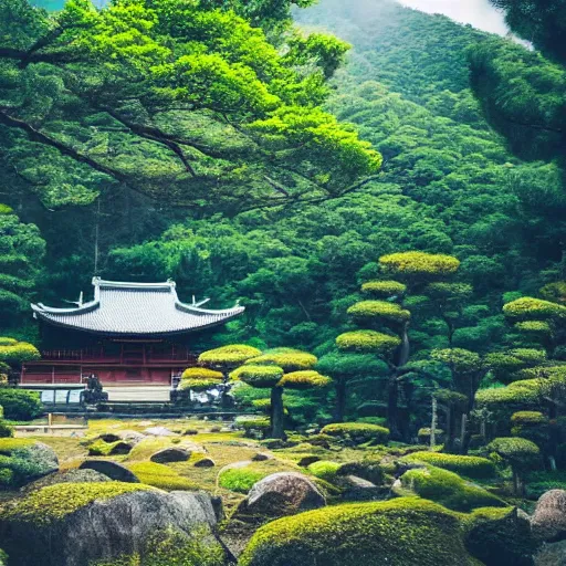 Image similar to giant japanese temple in the mountains, rocks, trees, beautiful natural light, cinematic, amazing