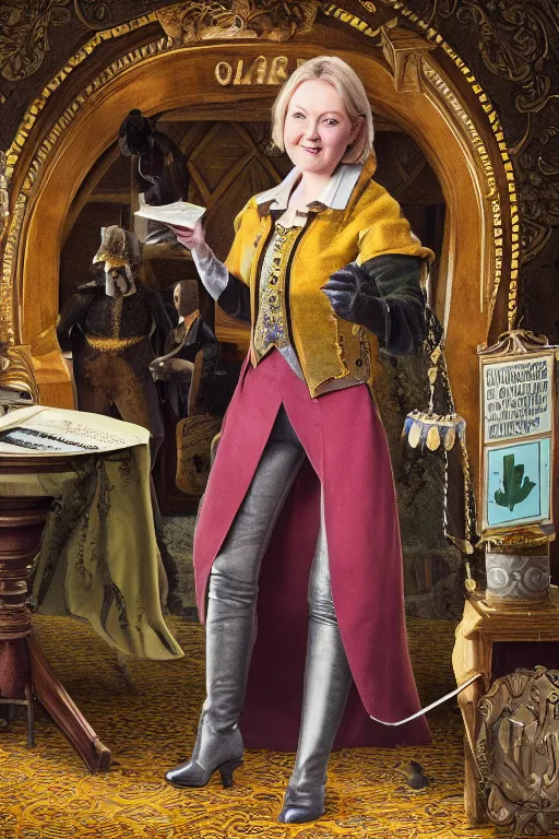 Image similar to intricate color photo of liz truss collecting taxes as the sheriff of nottingham, 8 k octane beautifully detailed render