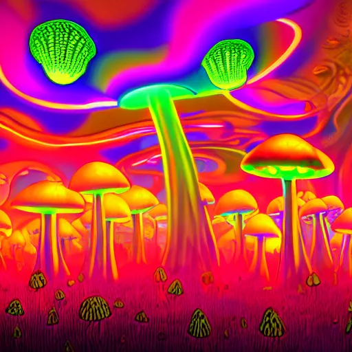 Image similar to Vast forest of many giant glowing mushrooms, Neon colors, psychedelic art, trippy, 4k, HQ, Trending on Artstation