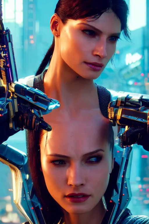 Image similar to A film still of beautiful woman as a character in cyberpunk 2077, highly detailed, digital painting, artstation, concept art, sharp focus, illustration, cinematic lighting, art by artgerm and greg rutkowski and alphonse mucha diffuse lighting, fantasy, intricate, elegant, highly detailed, lifelike, photorealistic, digital painting, artstation, illustration, concept art, smooth, sharp focus, art by John Collier and Albert Aublet and Krenz Cushart and Artem Demura and Alphonse Mucha