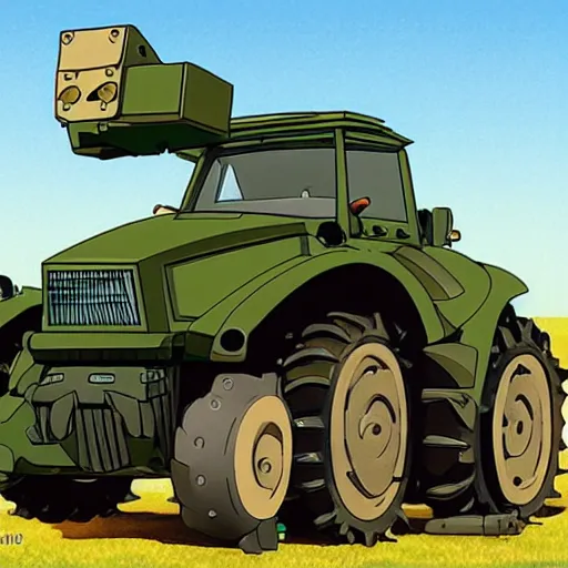 Image similar to heavily armored tractor with weapons by studio ghibli