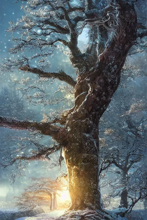 Image similar to tree, spring, summer, autumn, winter, snow, volymetric light, highly detailed matte painting, noriyoshi ohrai, charlie bowater, mark brooks