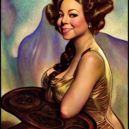 Image similar to Mariah Carey 1940s style brunette portrait, drawn by Donato Giancola and Jon Foster, frank frazetta, alphonse mucha, background by James Jean and gustav klimt, 4k, volumetric lighting, french nouveau, trending on artstation, octane render, hyperrealistic